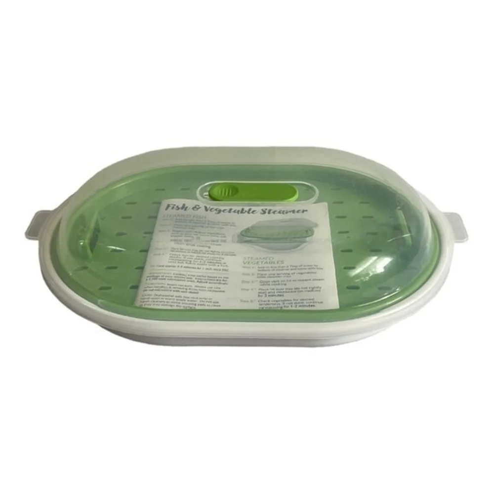 Microwave Fish Veggie Steamer Green White 12.5